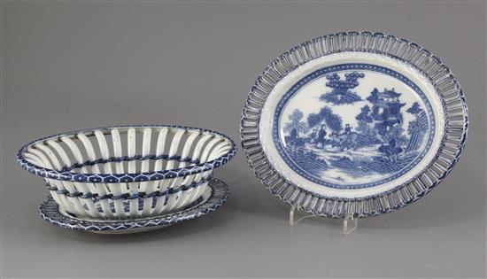 A blue and white pearlware Boy on a Buffalo pattern chestnut basket and two stands, attributed to Spode c.1795, basket 21cm, largest